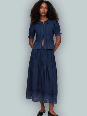 GAP x Doen Women's Navy Eyelet Tiered Maxi Skirt NWT